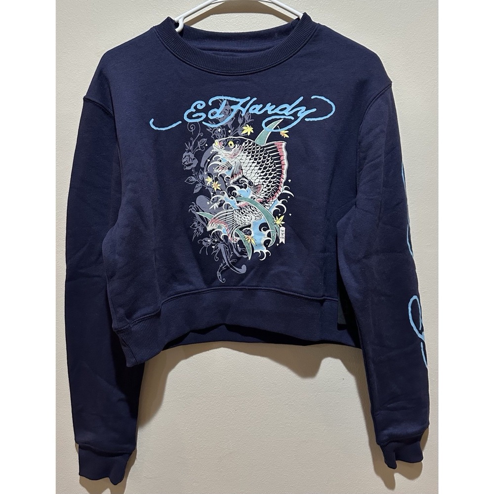 ED HARDY Women's Koi Fish‎ Cropped Pullover Sweater Size Small - Navy